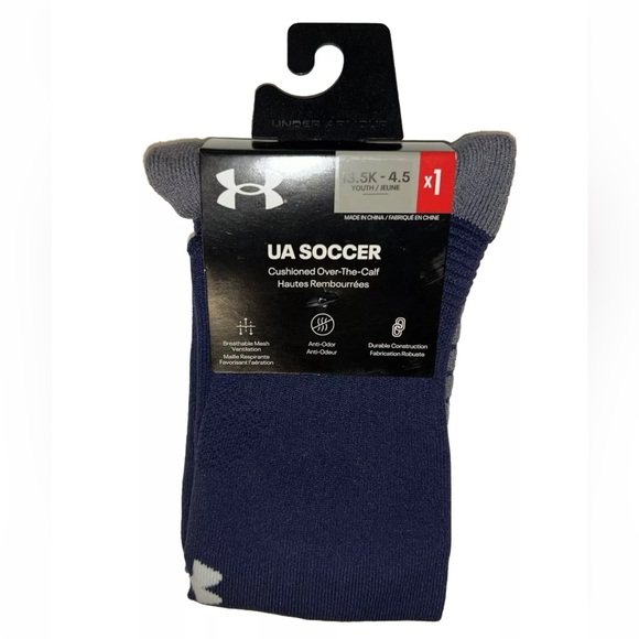 Under Armour UA OTC Soccer Socks 1 Pair Youth 13.5K-4.5 Navy w White Logo Kids - Picture 1 of 10